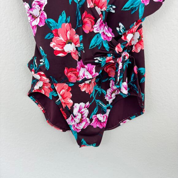 Embrace Your Curves Women Floral One Piece Bathing Swimsuit Burgundy XL 16/18 - Picture 3 of 9